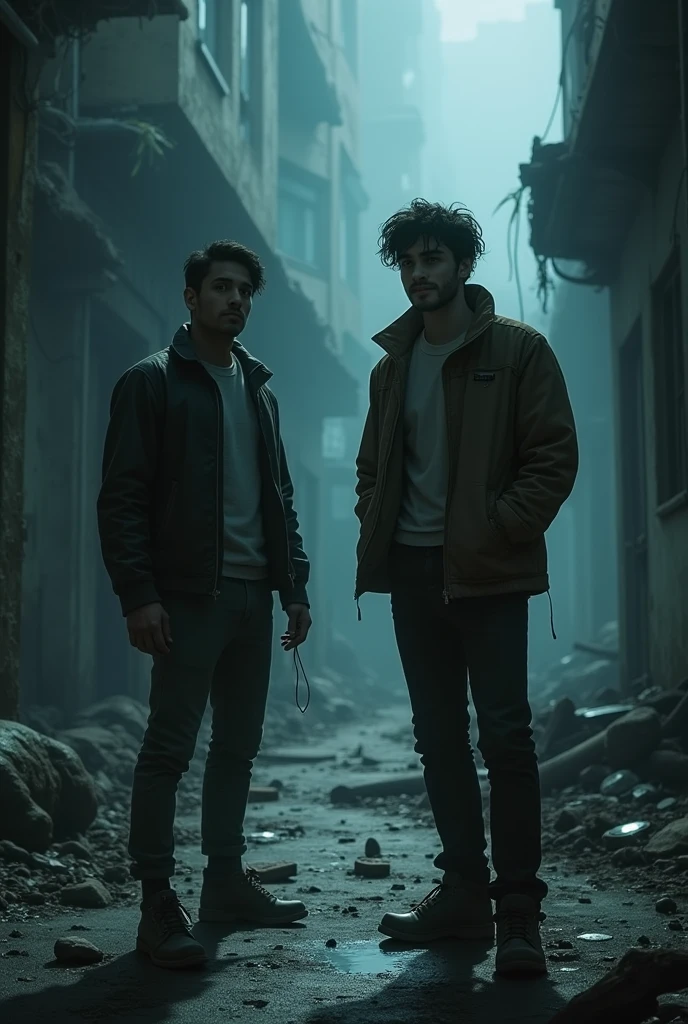 Scene Description: A dark, deserted place where two friends, Raj and Monty, stand. Raj looks amused, while Monty appears scared