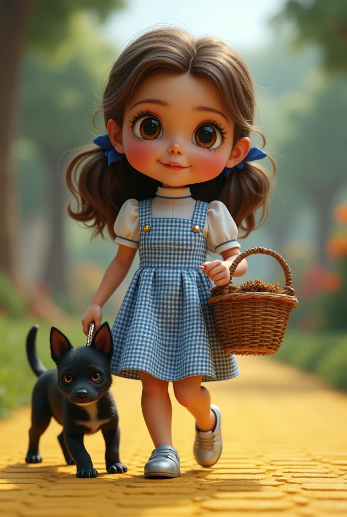 ((masterpiece)), ((best quality)), Dorothy Gale, low heel silver shoes on feet, carrying a basket over arm, small black dog, yellow brick road, perfect detailed eyes, perfect detailed face, ultra-detailed nose, charming, perfect face, dimple on cheek, depth of field, high resolution, ((real skin texture)), (well-proportioned hands), blue and white checked gingham dress, teenager (front view))