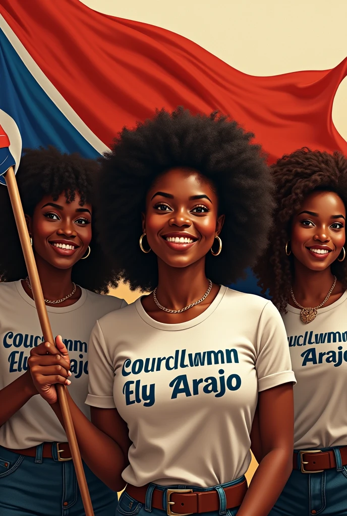 Create an image of black women with natural hair holding a flag and shirts with the phrase Councilwoman Ely Araújo 