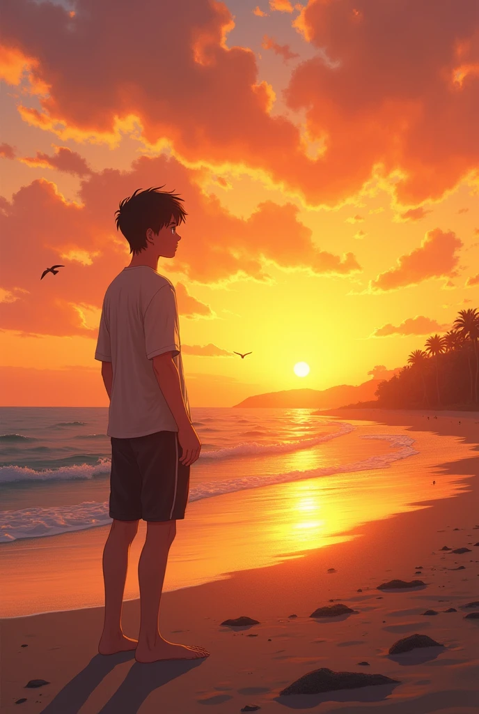 A boy standing alone in beach and sunset view with his girlfriend