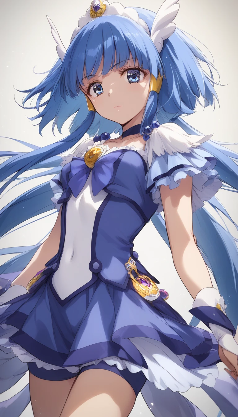 (Best Quality, masterpiece, high resolution),((unreal engine)),solo,
 cinematic lighting, beautiful face,athlete,young adult,  blue hair,cure beauty,  , Detailed clothes,  dark blue compression shorts to tight ,  bouncing breasts   dynamic shadow,  leggy ,    clothes reflecting light ,dramatic angle ,  hands at sides ,  open stance ,  