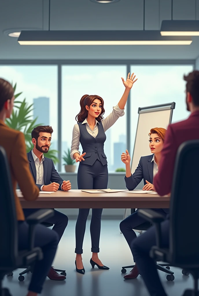 Depict a scenario where a discussion is happening in an office environment and a person is speaking while there is one person who is raising his hand continuously to speak in between and is interrupting every time