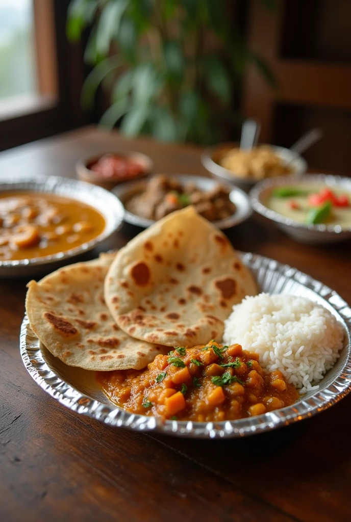 Create Indian Thali with in disposable plates 4 Chapati daal rice and one gravy