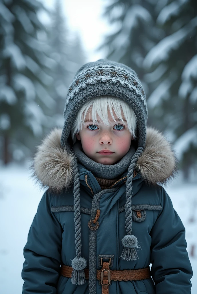 A Russian Nordic boy with white hair and dark blue eyes, wearing an Ushanka and a coat.
In the background is a snowy forest