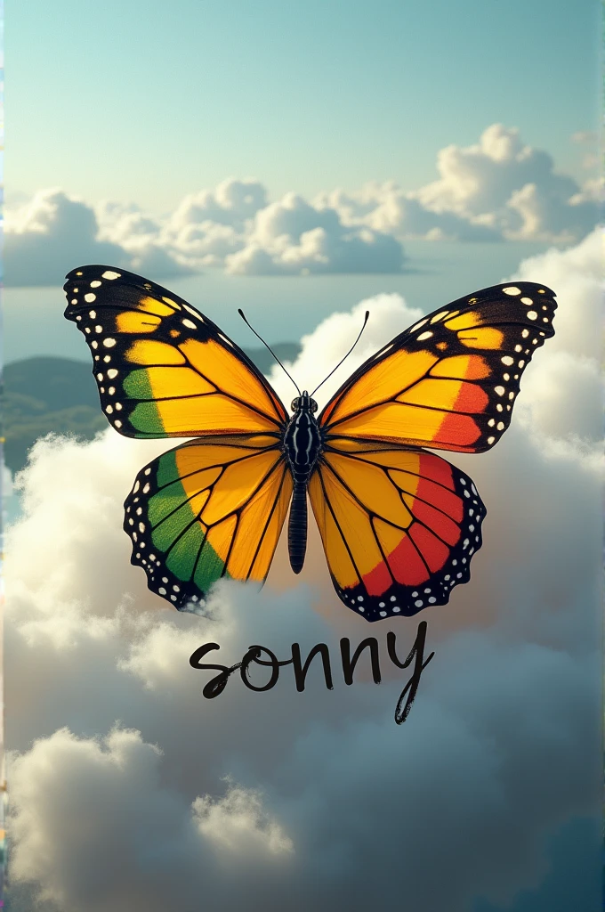 I want a realistic image of a striped yellow butterfly resting on a cloud in the colors of the Portuguese flag and on this cloud the first name Sonny well inked. I want the first names “Fanny Julian Lya” all around the cloud, I want the whole image to be realistic, I want a pretty background behind it