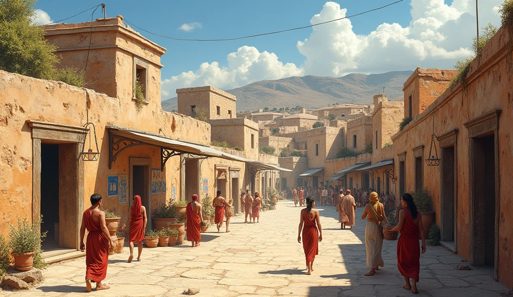 Illustrate the (((city of Akrotiri before the volcanic eruption3))), with its [preserved houses1.5))], vibrant frescoes, and everyday objects. Show (((urban life2))) in action, with inhabitants interacting in busy streets, highlighting Minoan architecture and culture in vivid and detailed ways.