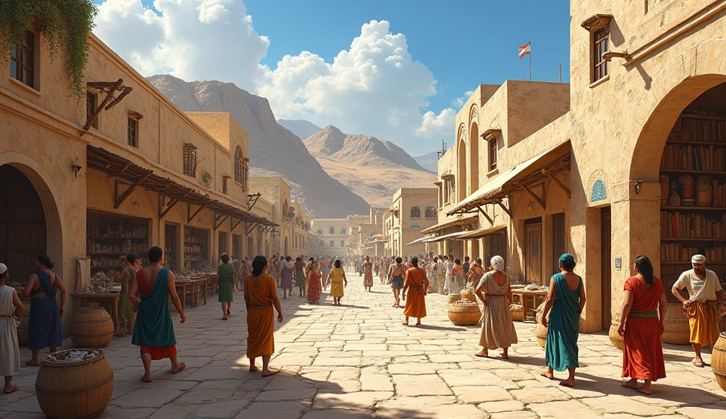Illustrate the (((city of Akrotiri before the volcanic eruption3))), with its [preserved houses1.5))], vibrant frescoes, and everyday objects. Show (((urban life2))) in action, with inhabitants interacting in busy streets, highlighting Minoan architecture and culture in vivid and detailed ways.