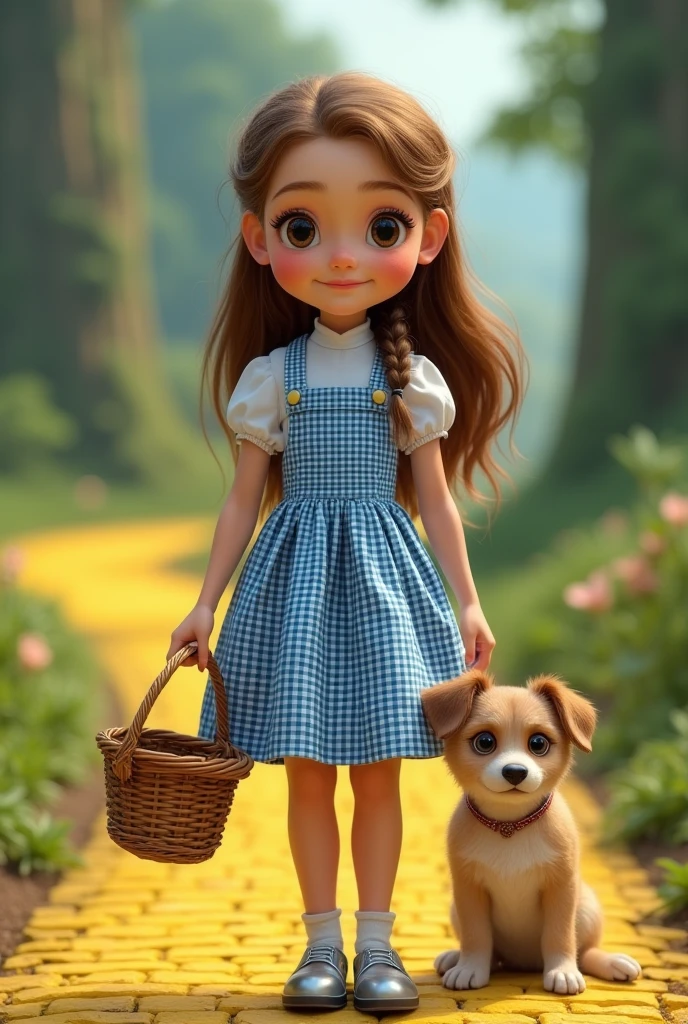 ((masterpiece)), ((best quality)), Dorothy Gale, low heel silver shoes on feet, carrying a basket, small black dog, yellow brick road, perfect detailed eyes, perfect detailed face, ultra-detailed nose, charming, perfect face, dimple on cheek, depth of field, high resolution, ((real skin texture)), (well-proportioned hands), blue and white checked gingham dress, ager (front view))