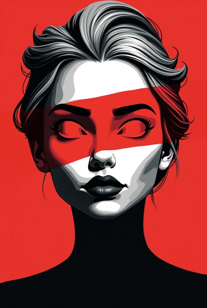 A stylized Art vectoriel portrait of Disney's Elsa with a black and white face, partiellement obscurci par une bande rouge audacieuse sur ses yeux et sa bouche. L'arrière-plan est rouge uni. La figure semble solennelle, Art vectoriel