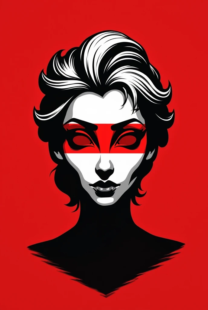 A stylized Art vectoriel portrait of Disney's Elsa with a black and white face, partiellement obscurci par une bande rouge audacieuse sur ses yeux et sa bouche. L'arrière-plan est rouge uni. La figure semble solennelle, Art vectoriel