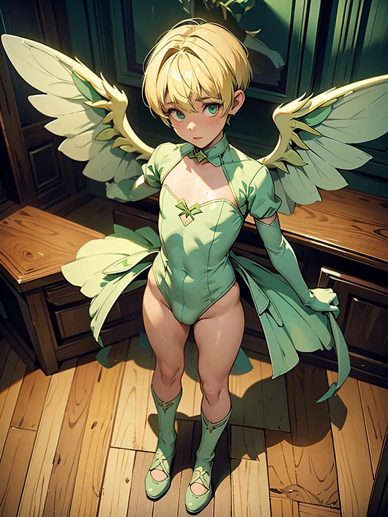 1, boy, wearing a green fairy costume with white wings standing on a hard wood floor shot from above as he looks at the camera confused. Blonde pixie cut. Wearing green gloves and shoes. Darkened room, tiny, little, athletic, erection under clothes, Height about 120 cm