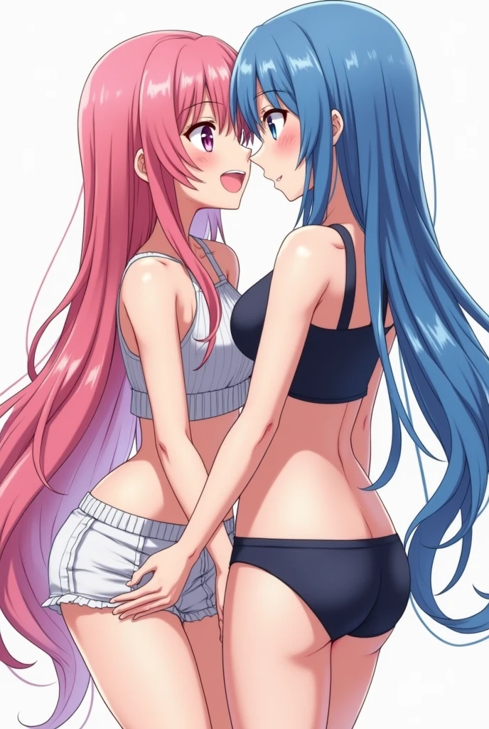 Create two anime girls making love, one with pink hair and one with blue hair and one with pink eyes and one with blue eyes, white skin with an exaggeratedly large bust in a miniskirt and a croptop with large, thick thighs with a mega-large butt a little low.
