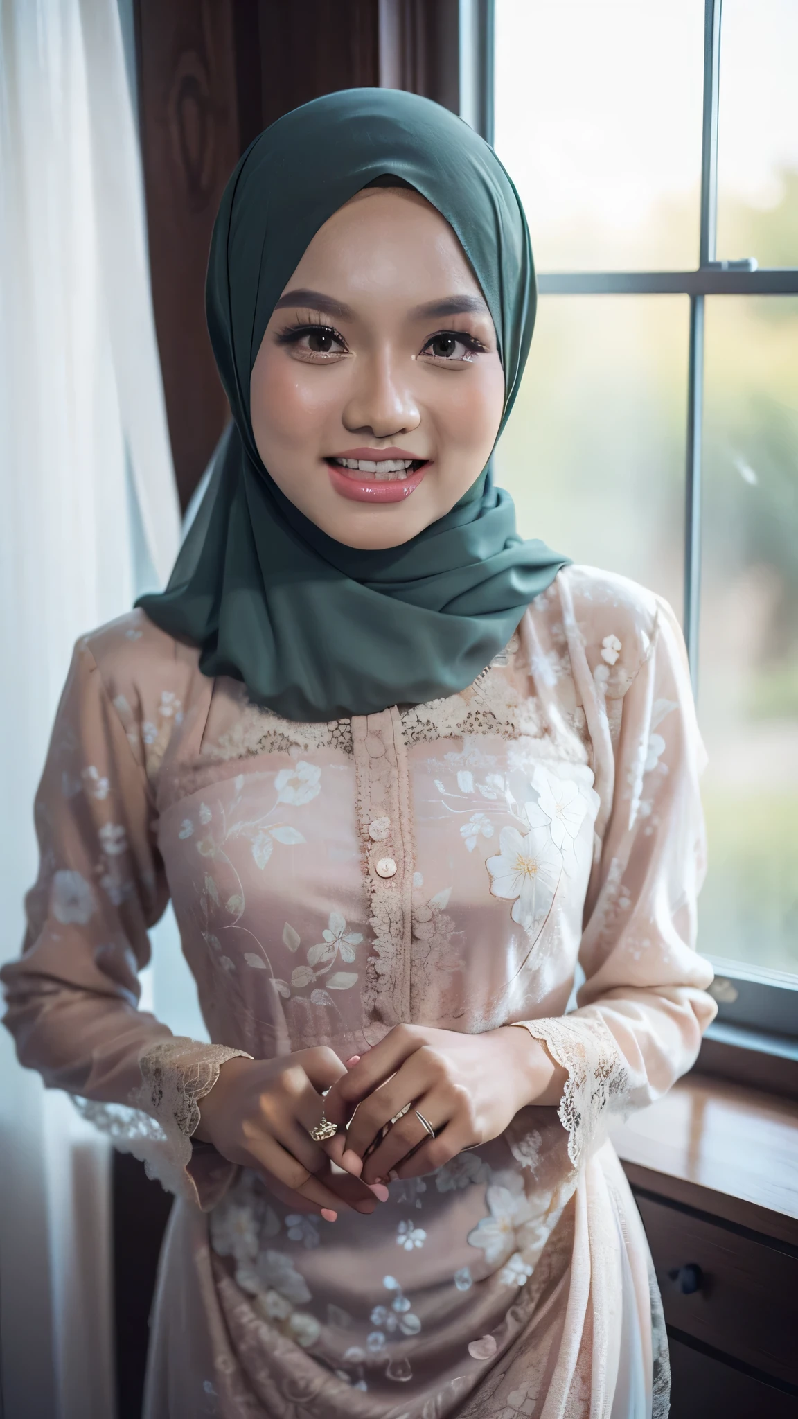 "Young beautiful malaywoman with a warm smile, wearing floral-patterned hijab and dress, standing by a window with lace curtains. Soft, blurred floral background. Peaceful, intimate atmosphere."