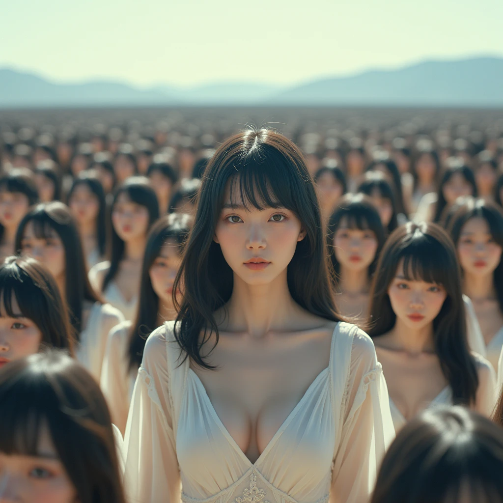 (((((Japanese Clone girls=Myself)))))), (((Best Super High quality Myself Clone girls Raw Photography Art))), (16K, Highest quality, Ultra-high resolution, RAW Photos), (((It&#39;s so unrealistic., With unparalleled depiction, With an unfathomable sight, An unprecedented and shocking worldview, Clone girls in a world of mass reproduction, Ultra-realistic))), (((Japanese, woman, 18yo, hashimoto-kanna))), (Small face, ((Thick black hair, Semi-long hair))), ((V-neck short-sleeve dress)), (((((Very detailed美しい女体, Accurate body structure, Very detailed完璧な, Super busty body with very large breasts, Clearly emphasizes cleavage))))), (((Dark Eyes, Mature face, Cute Smile, A gentle gaze))), (((Her happy and smiling expression is so cute))), ((((((((Very detailed分身増殖描写, ((1girl→Myself cloning→1,000,000,000,000,000,000,000,000,000,000,000,000,000,000,000,000,000,000,000,000Myself Clone girls)))))))))), ((((((((Very detailed, The precise depiction of the proliferation of Myself Clone girls, ((With the perfectly identical bodies of Myself clone girls, With the exact same face as the Myself clone girls, With the exact same hairstyle as the Myself clone girls, In the exact same clothes as the girls who are my clones, Perfectly the same height as the Myself clone girls, Super big breasts, just like the Myself clone girls)))))))))), (((Myself clone girls only))), (((Multiple pairs, Very detailed depiction, (Myself clone girls hug each other, Myself clone girls assemble, Fun conversations with fellow Myself clone girls, A fun conversation between Myself clone girls, Myself clone girls holding hands, Walking with lots of Myself clone girls)))), (((Everyone looks at the camera))), (((Unbelievably crowded, Transcendent Myself clone girls intimately, Countless Myself clone girls surround you in 360 degrees))), (Bright, soft sunlight), (((Very wide field of view, Very detailed, Detailed ultra-perspective depiction with clear depth, wide view))), (((((Landscape with a curved slope))))), (((Very photographic and detailed depiction, Myself clone girls will multiply infinitely and fill the surroundings from one side to the horizon with their bodies tightly packed together without any gaps., A scene of endless Myself clone girls and a fun atmosphere))), (Focus on the average value of the image)