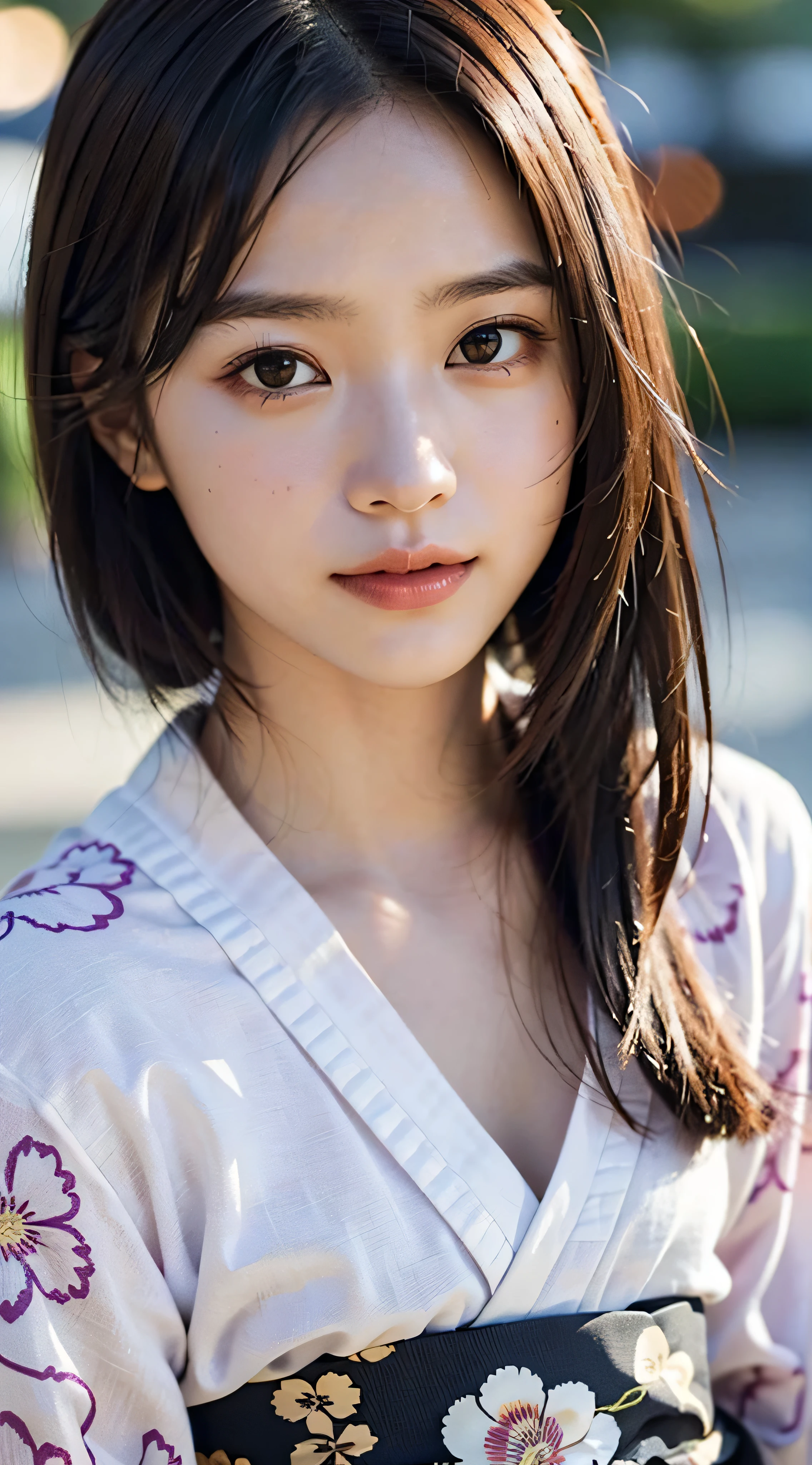 (masutepiece, Best Quality:1.4), Beautiful face, 8K, 85 mm, absurderes, (floral pattern yukata:1.4), close up of face, violaceaess, gardeniass, Delicate girl, Solo, Night, Looking at Viewer, Upper body, Film grain, chromatic abberation, Sharp Focus, face lights, Professional Lighting, Sophisticated, (Smile:0.4), (Simple background, Bokeh background:1.2), Detail Face,Background of the fireworks display