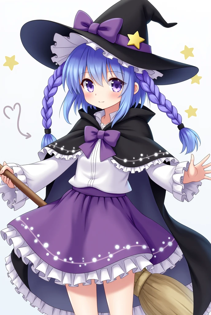 anime girl blue hair tied to two short ponytails hanging on the sides with one strain braided with a tie that has a star on it, purple hair, witch hat in black with ruffles and stars , black cape with ruffles and a purple ribbon with a star in the middle, underneath a white blouse with ruffles and a purple puffy skirt with white ruffles, she has a broom and two long bands are coming from behind her cape