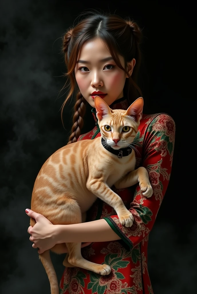 beautiful tanned japanese woman, wearing floral (red, dark green, gold) fabric loose long cheongsam satin dress with ((high collar)) ((turtle neck)) ((no cleavage)) ((covered boobs)), thick eyebrows, photorealistic, masterpiece, moncler, messy two braids brown highlighted hair, open coat, lips pouting, pouts, void black background with smokes and nice lighting, holding big realistic tan hairless cat with big ears and wrinkles skin ((sphinx)) with black collar. golden sequin gold heels.