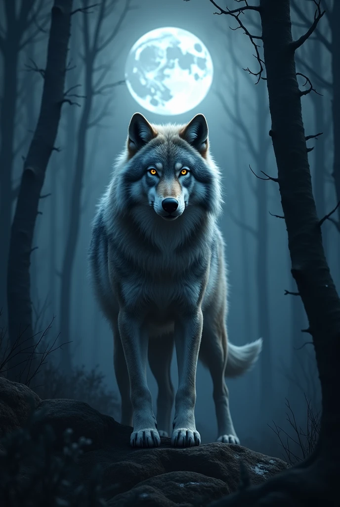 iPhone wallpaper of a hyperrealistic wolf in a black forest and a full moon in the background