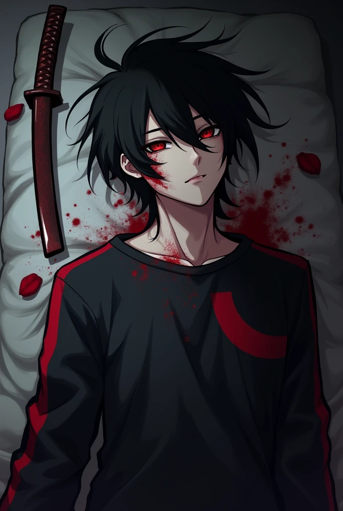 AN unconscious male character injured dying with red eyes black hair thrown to one side black sweatshirt with red details and a katana
