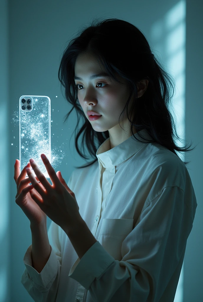 Make a image with a person holding a transparent cellphone, who can makes the change of your past and life