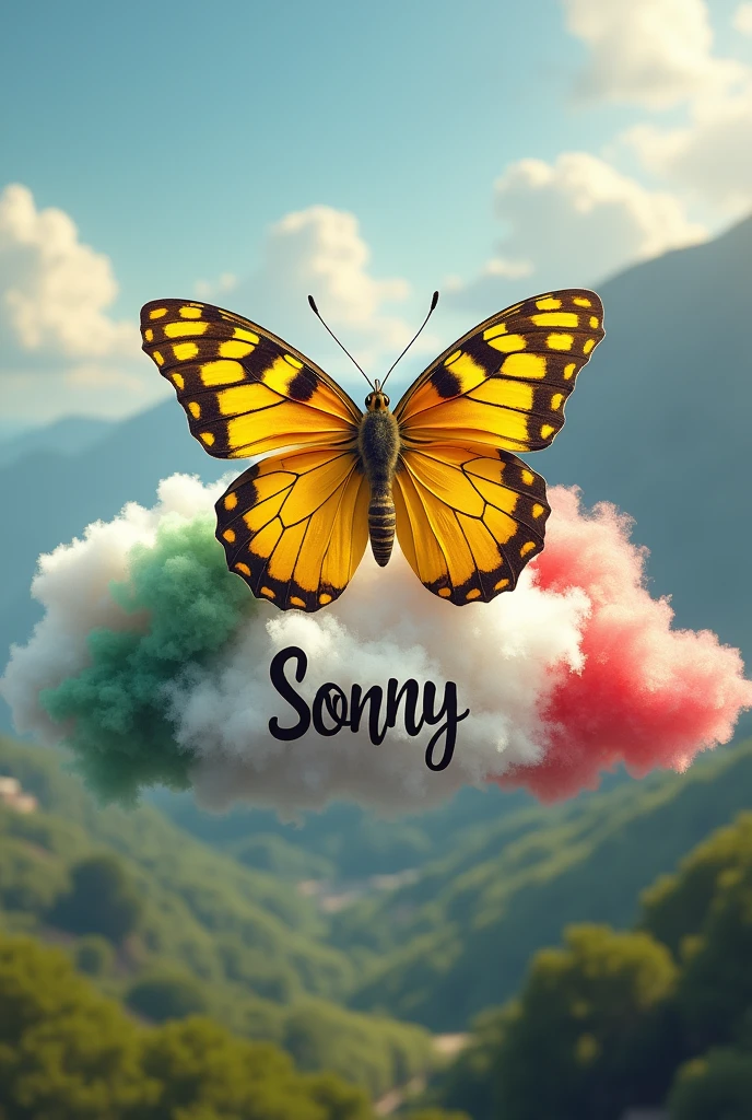 I want a realistic image of a striped yellow butterfly resting on a cloud in the colors of the Portuguese flag and on this cloud the first name Sonny well inked. I want the first names “Fanny Julian Lya” all around the cloud, I want the whole image to be realistic, I want a pretty background behind it