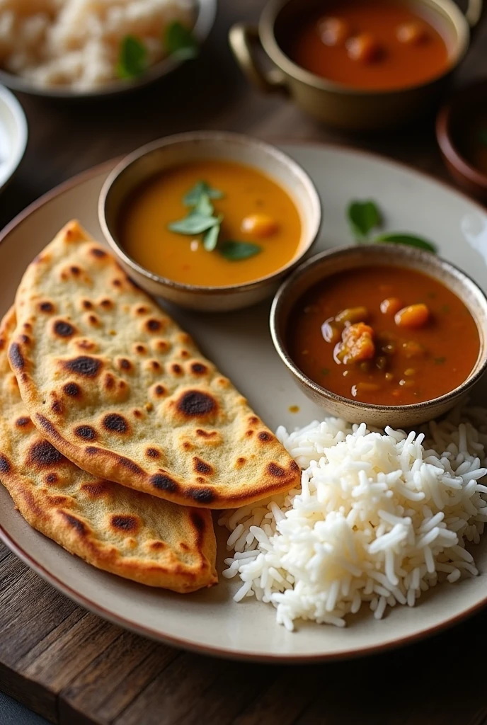 Create Indian Thali with in disposable plates 4 Chapati 1 daal bowl 1 rice bowl and one gravy bowl

