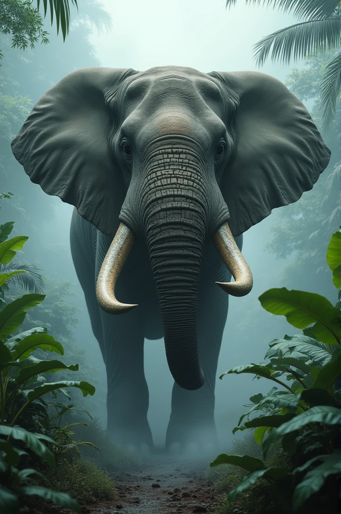A giant elephant in a jungle hidden in a fog and trees looking at a camera with big long thorns with fierce