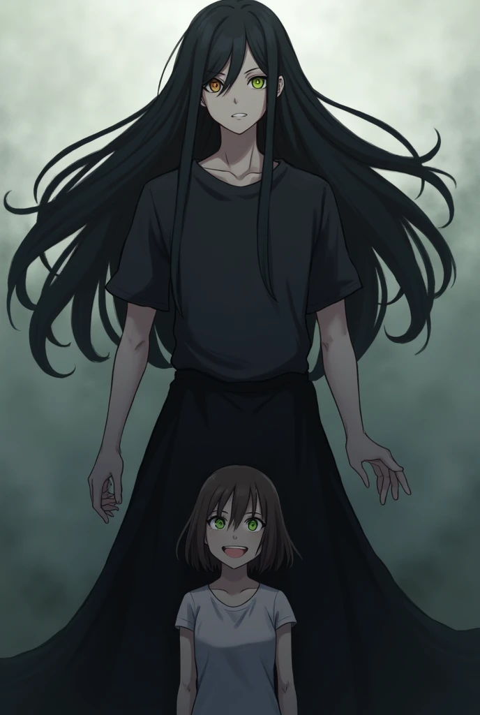 A with a smile and we stand out in the foreground , in the background the same bigger one with a black shirt, and very long black hair with one green eye and one brown eye, look mean
