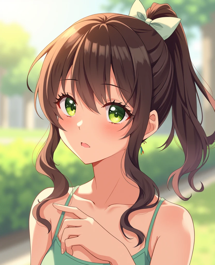 Tsukino Azusagawa, Brown_ponytail,ribbon,greenhair, length_hair, green_eye, One person, alone, 前hair, hair_between_eye, Day, Outdoor, Highest_quality, High resolution, very_detailed, anime perfect detailed style, 8k, masterpiece, Anime art style, Anime Coloring,