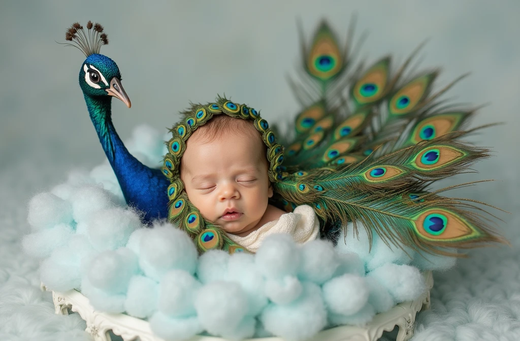 araffe  in a nest with a peacock tail, a picture inspired by Anne Geddes, shutterstock contest winner, dada, full costume, peacock feather wrap the head, costume, whole body photography, peacock, 9 brilliant peacock tails, 9 peacock tails, dream creature costumes, national geographic photoshoot