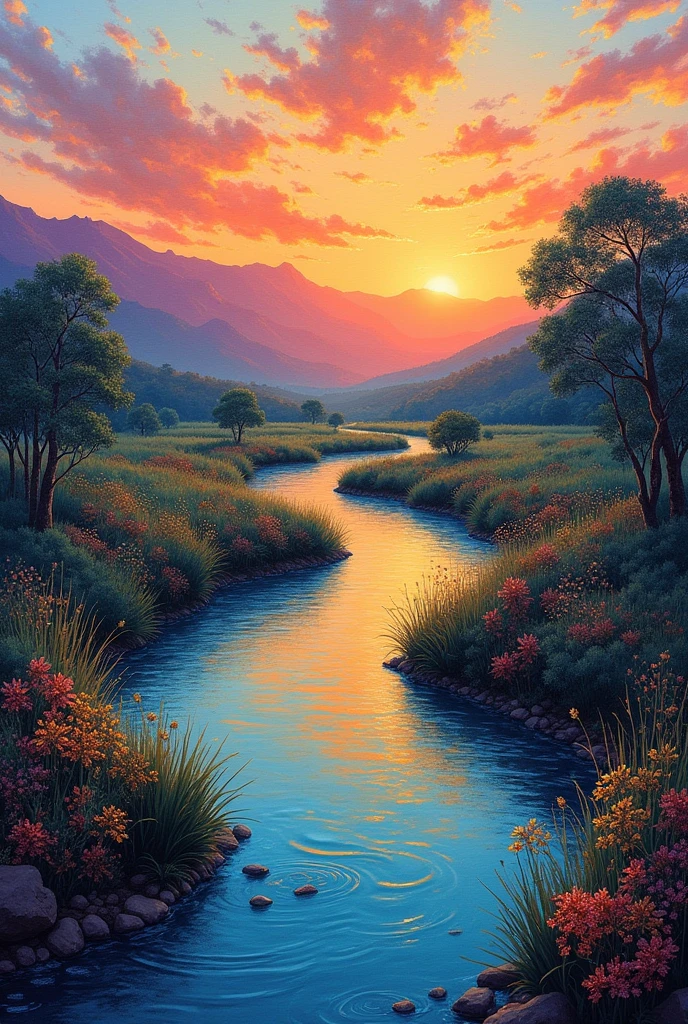 (shiny colors,swirly vibrant colors,colorfully:1.2),(acrylic painting,work of art),The succulent Karoo,(sunset,natta,sunset),(Riu,flowing Riu),(peaceful,serene),(tranquil,naturey),(scenic beauty),(water reflection,reflecting light),trees along the Riubanks,(lush vegetation,abundance of plant life),(gradient sky,blending colors),(majestic atmosphere),(twilight, bright horizon),silhouette of mountains in the distance,(warm hues,doradas,orange,yellow),(soft brushstrokes,texture),(mistura de warm hues e fRius),capturing the beauty of the moment