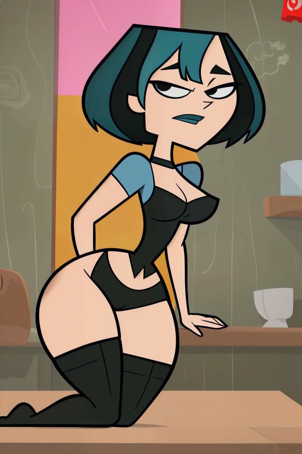 (8k, RAW photo, vibrant colors, good detail, best quality, masterpiece:1.2), (intricate details), Gwen, Gwen total drama island, beautiful eyes, perfect face, perfect lighting, beautiful, wearing tight booty shorts, (masterpiece:1.2), (best quality:1.2), 1girl, cartoon style, gwentdi, solo, black eyes, full body portrait, showing big ass, buttcrack slichtly showing, big ass, thick thighs, wide hips, big breasts, cleavage, perfect body, perfect clothes, perfect anatomy,