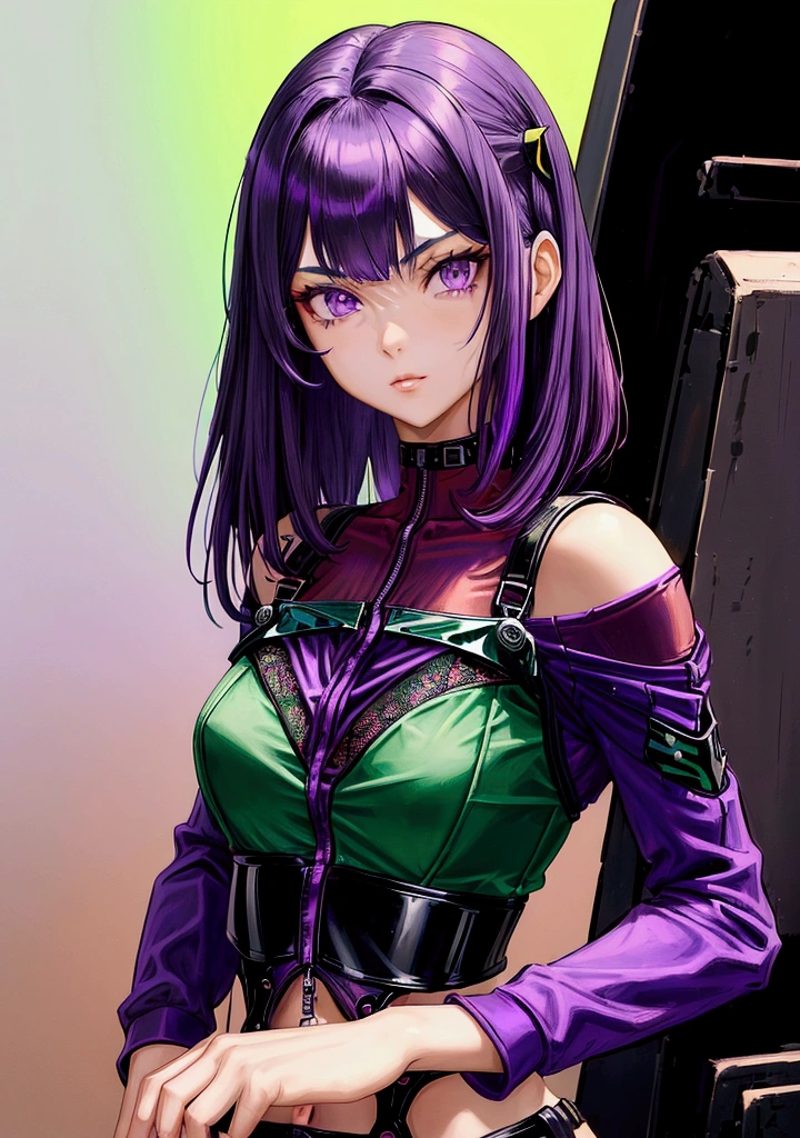 (a beautiful and cool girl),(medium hair), (straight hair), (purple hair), (body suit), (red shirt), (black bustier), (dark green shoulder reinforcement), (ace pilot), (purple eyes),(science fiction)
