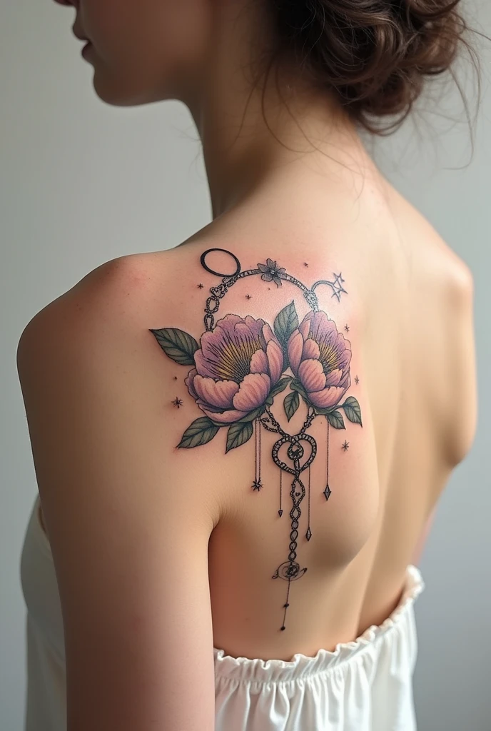 Tatouage pivoines signes astrologiques verseau etaureau chaine