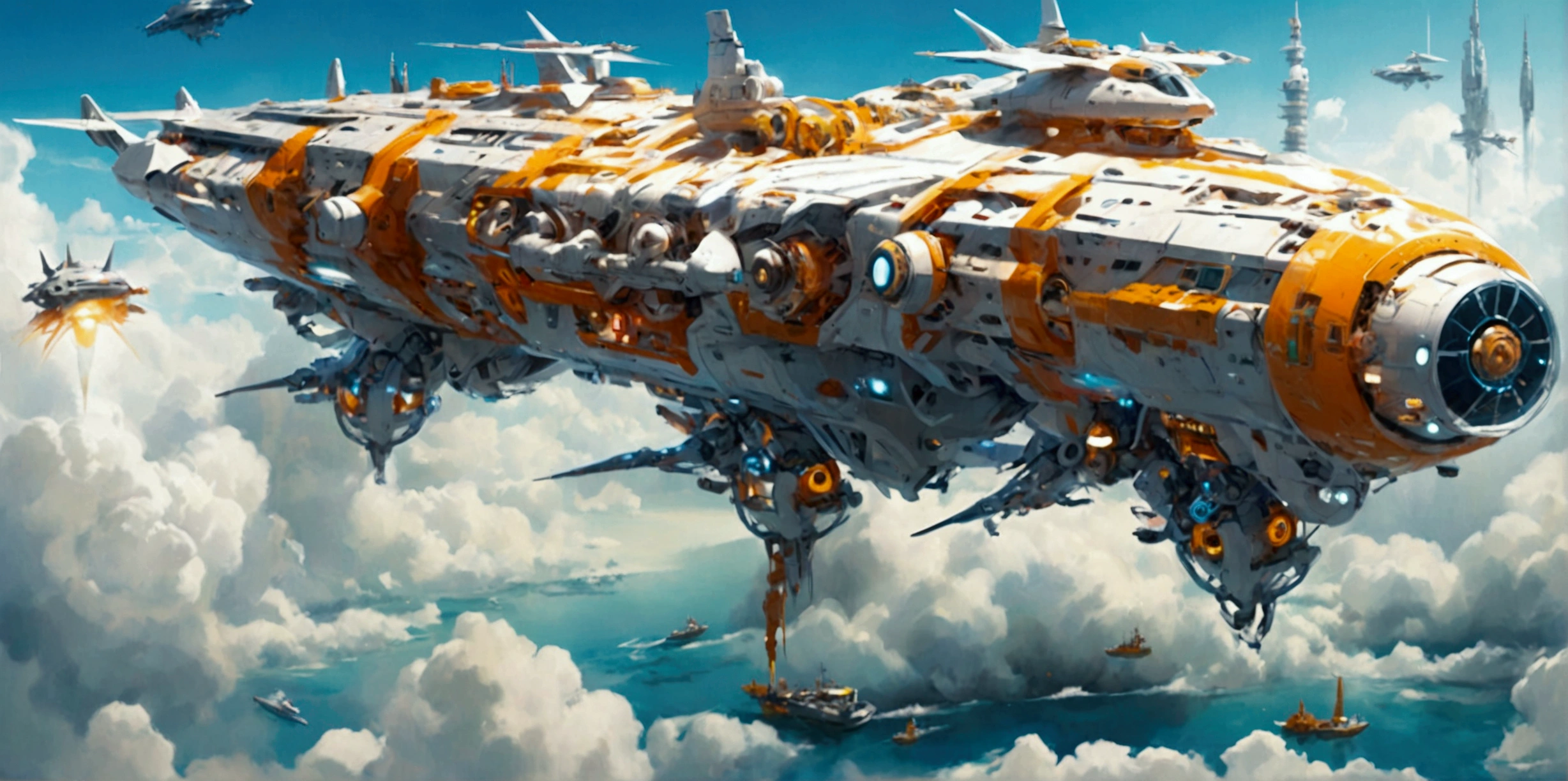 A long wide giant heavily armored divine futuristic flying all terrain biomechanical space battleship covered in rainbow batik pattern and glowing javanese runic symbols, multiple retractable cybernetic spider legs with wheels on the tip, divine halo, flying hovercraft, flying submarine, flying aircraft carrier, flying hotel, flying resort, flying city, flying skyscraper, flying cruise ship, flying yacht, flying castle, flying military base, multiple thrusters, multiple helipad, multiple propeller, mobile headquarters, mobile command center, automatic turrets, missile banks, missile defense system, multi-port rear engine arrays, large pivoted missile pods, anti-air batteries, reactive armour over vital spaces, VTOL thrusters, ventral ground-facing VTOL thruster bays, retractable center cannon, super carrier, sky carrier, space station, floating city, floating castle, white background