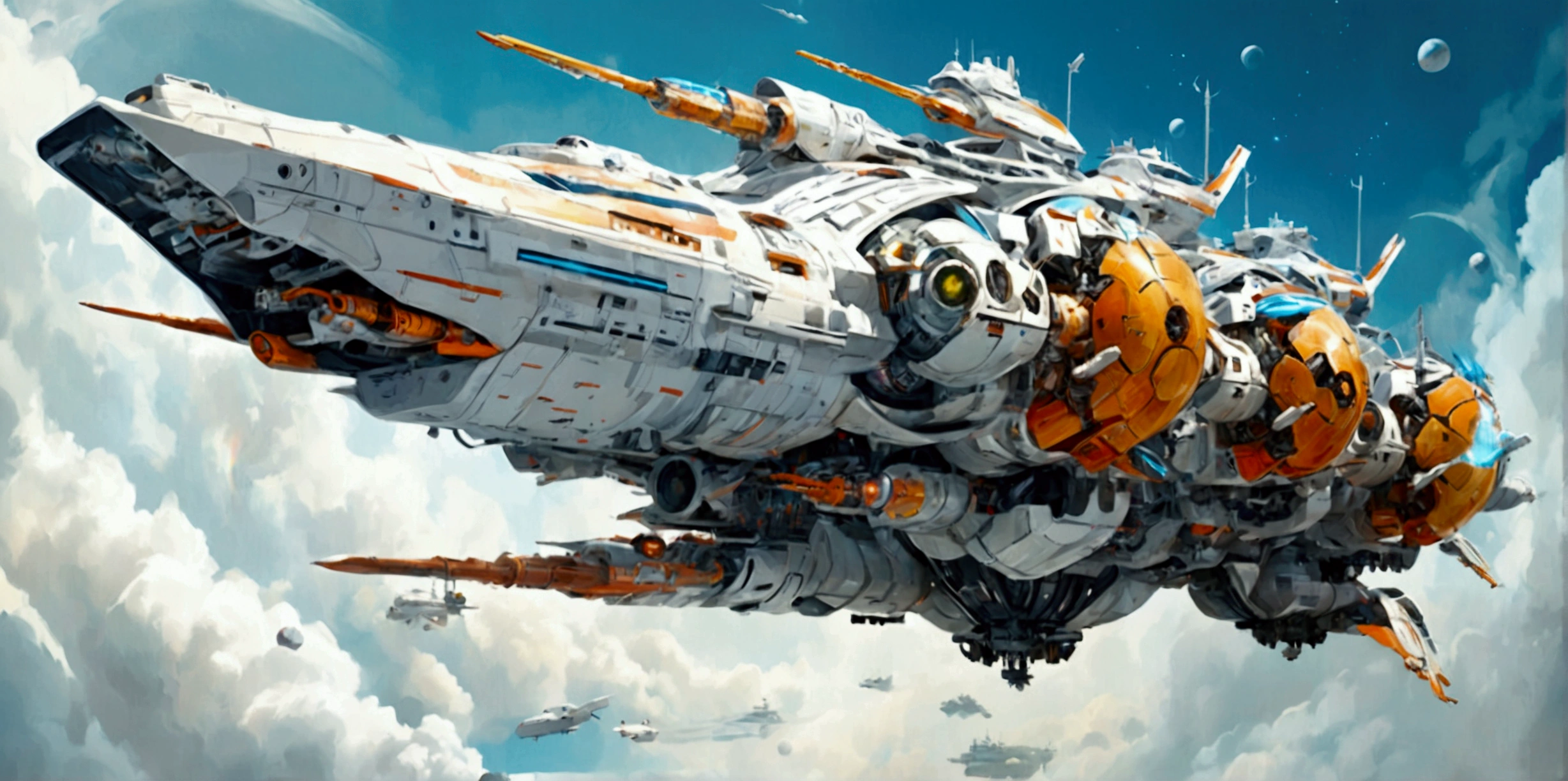 A long wide giant heavily armored divine futuristic flying all terrain biomechanical space battleship covered in rainbow batik pattern and glowing javanese runic symbols, multiple retractable cybernetic spider legs with wheels on the tip, divine halo, flying hovercraft, flying submarine, flying aircraft carrier, flying hotel, flying resort, flying city, flying skyscraper, flying cruise ship, flying yacht, flying castle, flying military base, multiple thrusters, multiple helipad, multiple propeller, mobile headquarters, mobile command center, automatic turrets, missile banks, missile defense system, multi-port rear engine arrays, large pivoted missile pods, anti-air batteries, reactive armour over vital spaces, VTOL thrusters, ventral ground-facing VTOL thruster bays, retractable center cannon, super carrier, sky carrier, space station, floating city, floating castle, white background