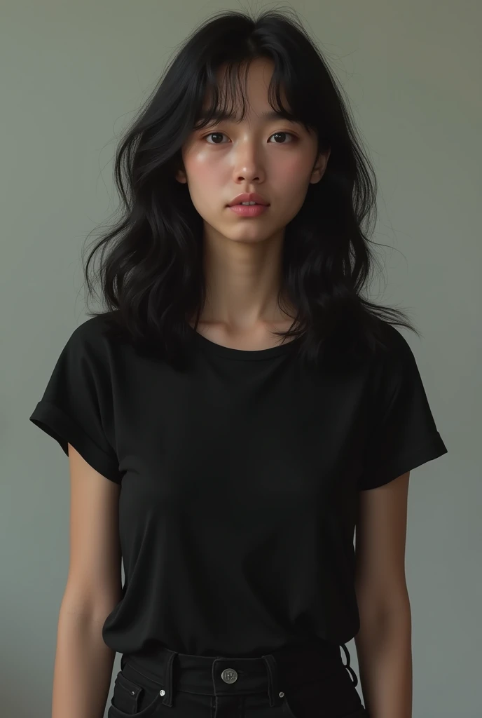 Woman in black t-shirt, black pants, wavy hair 