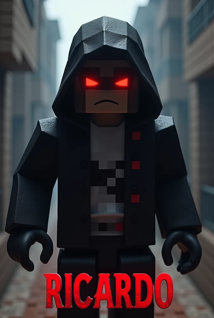 A Minecraft character that is Assassins and wears black and white clothes and has Ricardo written underneath it in big red letters and has a dark and angry vibe and he is pixel man in minecraft