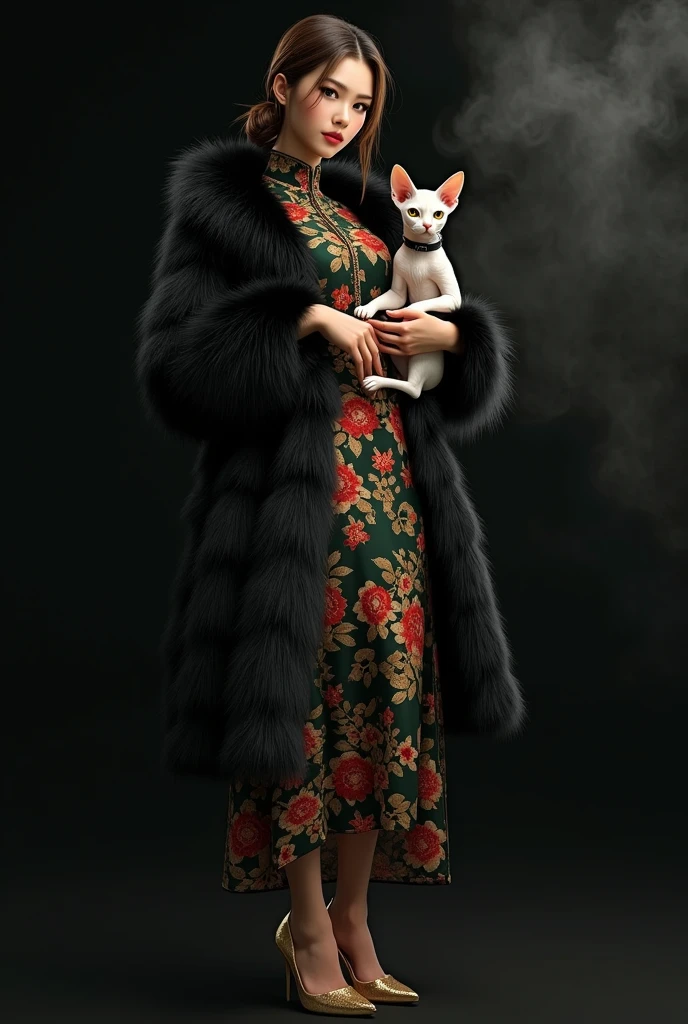 beautiful tanned japanese woman, wearing a designer fluffy black glittery fur coat, and floral (dark green, red, gold) fabric loose long cheongsam satin dress with ((high collar)) ((turtle neck)) ((no cleavage)) ((covered boobs)), thick eyebrows, photorealistic, masterpiece, moncler, messy two braids brown highlighted hair, open coat, lips pouting, pouts, void black background with smokes and nice lighting, holding big realistic tan hairless cat with big ears and wrinkles skin ((sphinx)) with black collar. ((golden sequin gold heels))