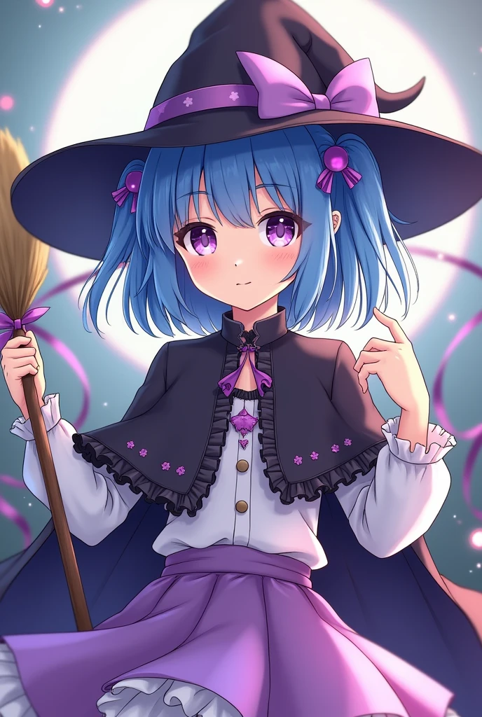 anime girl blue hair tied to two short ponytails hanging on the sides with one strain braided with a tie that has a star on it, purple eyes, witch hat in black with ruffles and stars , black cape with ruffles and a purple ribbon with a star in the middle, underneath a white blouse with ruffles and a purple puffy skirt with white ruffles, she has a broom and two long bands are coming from behind her cape