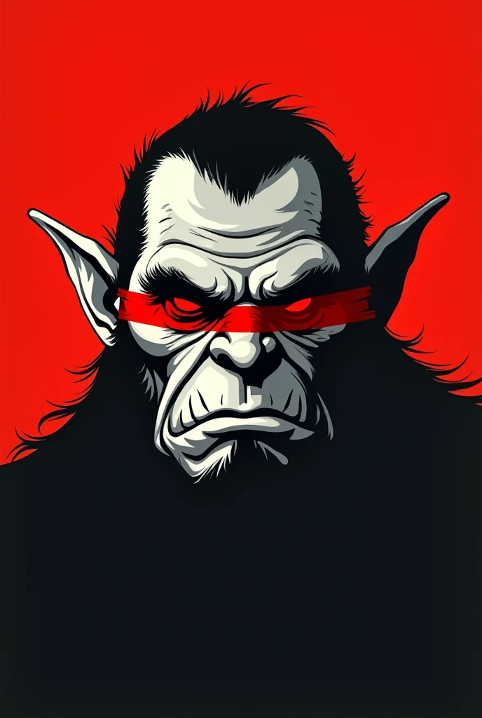 A stylized Art vectoriel portrait of a Tolien's Orc with a black and white face, partiellement obscurci par une bande rouge audacieuse sur ses yeux et sa bouche. L'arrière-plan est rouge uni. La figure semble solennelle, Art vectoriel, symmetrical