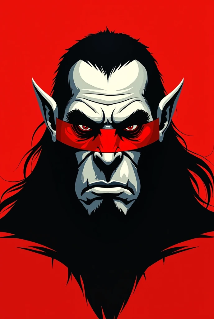 A stylized Art vectoriel portrait of a Tolien's Orc with a black and white face, partiellement obscurci par une bande rouge audacieuse sur ses yeux et sa bouche. L'arrière-plan est rouge uni. La figure semble solennelle, Art vectoriel, symmetrical