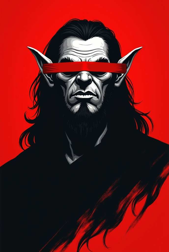 A stylized Art vectoriel portrait of a Tolien's Orc with a black and white face, partiellement obscurci par une bande rouge audacieuse sur ses yeux et sa bouche. L'arrière-plan est rouge uni. La figure semble solennelle, Art vectoriel, symmetrical
