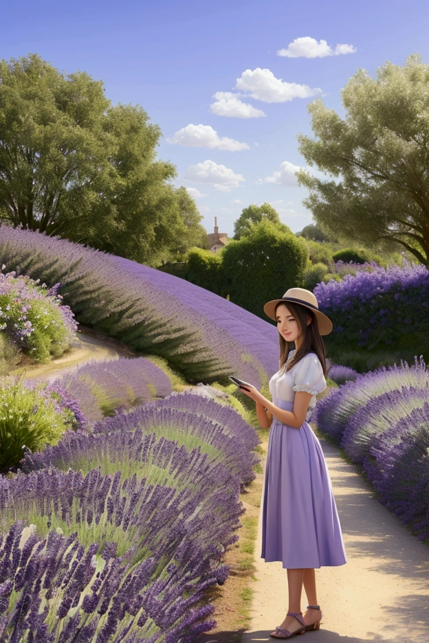 Create a lavender garden. Create a young woman drawing a picture on a canvas in the lavender garden. Let a road run along the edge of this lavender garden. On this road there should be a green-coloured vosvos car.