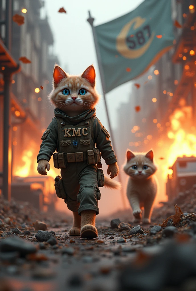 Factory scene with explosions、(A tank marked SCK)、A cat with clear light blue eyes is running away、((A cat soldier in a military uniform with the words KMC written on it))、Background#A big flag with the number 387 written on it、3D Rendering、Real、front、Shooting diagonally from above、The characters are a little small