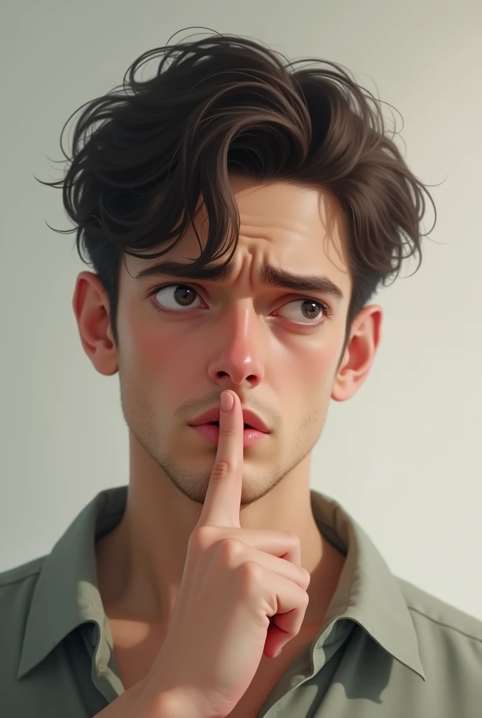 Give image of a person who is showing some under confidence and tense reaction while finger on his lips with raised eyebrows