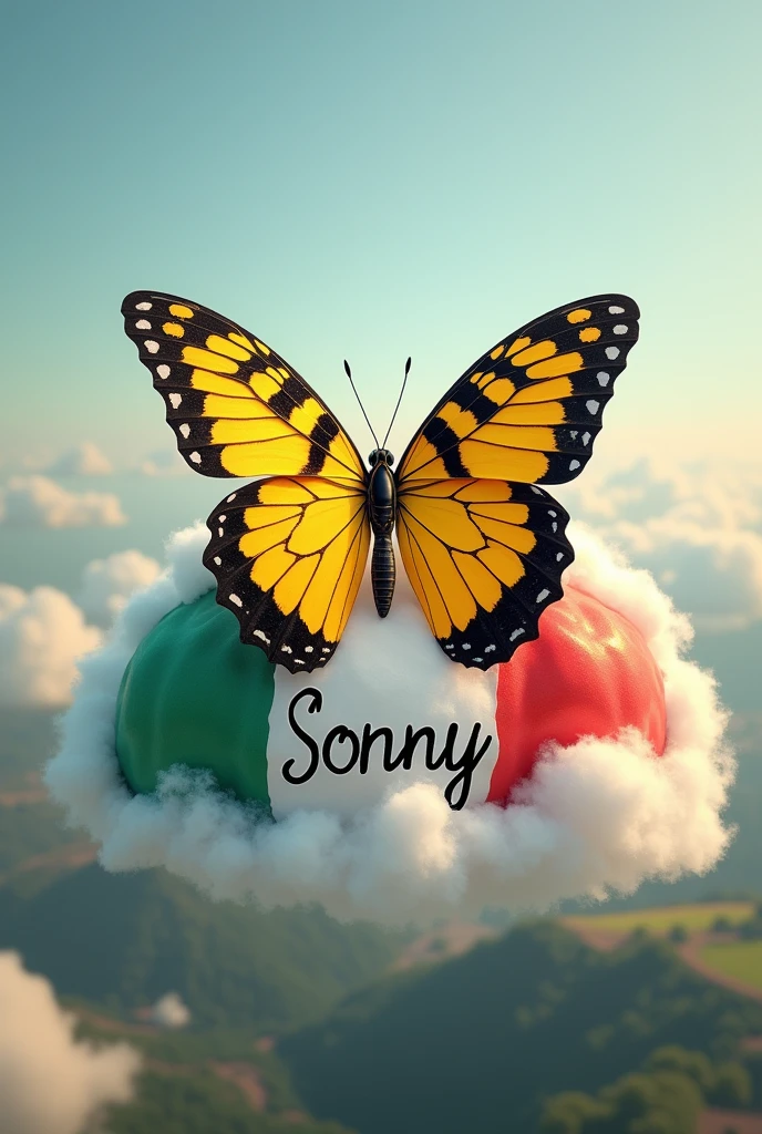 I want a realistic image of a striped yellow butterfly resting on a cloud in the colors of the Portuguese flag and on this cloud the first name Sonny well inked. I want the first names “Fanny Julian Lya” all around the cloud, I want the whole image to be realistic, I want a pretty background behind it