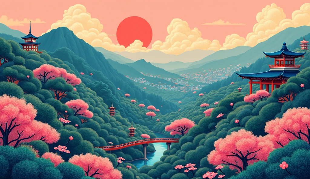Illustration of background image. Idyllic Japanese landscape with a touch of art deco and pop art. Colorful colors. A masterpiece.