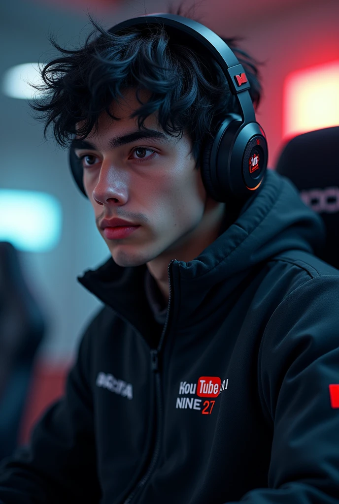 I want a gamer boy with dark hair, headphones, a black jacket and in the middle it says maximum nine 27 with the YouTuber logo
