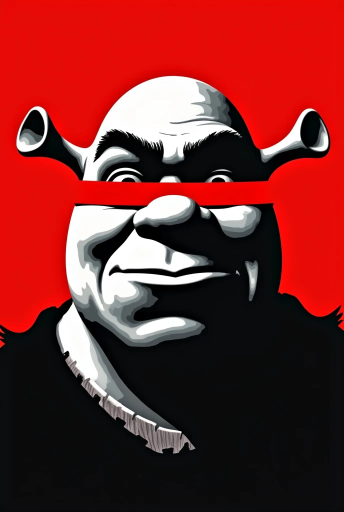 A stylized Art vectoriel portrait of a Shrek with a black and white face, partiellement obscurci par une bande rouge audacieuse sur ses yeux et sa bouche. L'arrière-plan est rouge uni. La figure semble solennelle, Art vectoriel, symmetrical